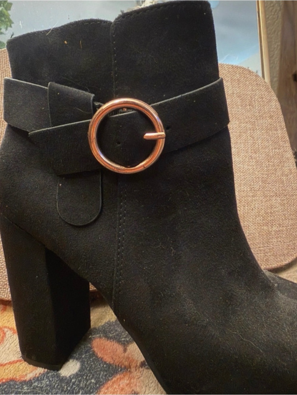 LC Lauren Conrad Black Suede Ankle Boots with Gold Buckle - Women Shoes